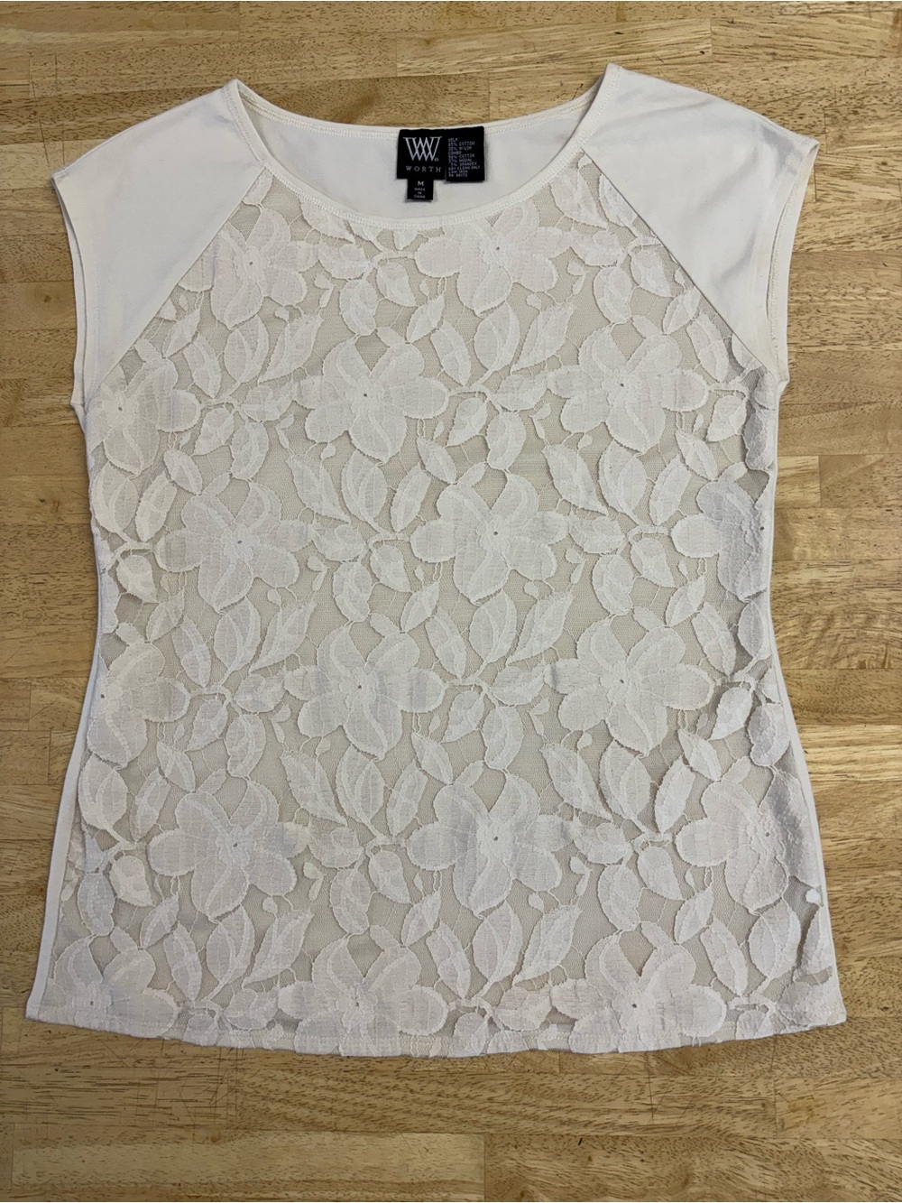 EUC Worth NY Mixed Media Cream Floral Front Lace Cap-Sleeve Top